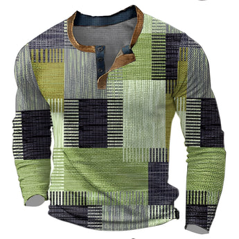 Multicolor bohemian patchwork Henley shirt in green, featuring long sleeves and a classic collar, designed for size 4XL.