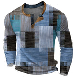 Multicolor patchwork Henley shirt in a bohemian style, featuring long sleeves and a buttoned collar. The shirt is predominantly blue, with various colored patches, designed for a 4XL size. The fabric has a jersey texture, contributing to a comfortable fit.