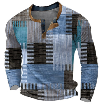 Multicolor patchwork Henley shirt in a bohemian style, featuring long sleeves and a buttoned collar. The shirt is predominantly blue, with various colored patches, designed for a 4XL size. The fabric has a jersey texture, contributing to a comfortable fit.