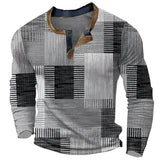Multicolor bohemian long-sleeve patchwork Henley shirt in gray, featuring a tartan pattern and collar design, shown in 4XL size.