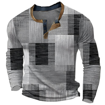 Multicolor bohemian long-sleeve patchwork Henley shirt in gray, featuring a tartan pattern and collar design, shown in 4XL size.