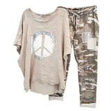 Beige Peace Sign T-Shirt & Camouflage Cargo Pants in 5XL, featuring a stylish streetwear design with short sleeves and a round collar.