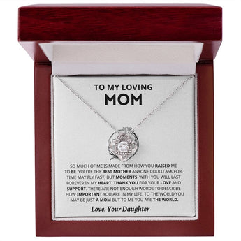 Personalized heart-shaped silver necklace with 14K white gold finish, presented in a mahogany luxury box with LED – ideal Mother’s Day gift from daughter.