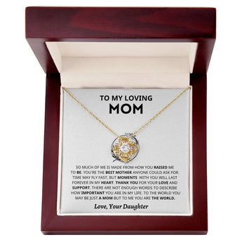Personalized heart-shaped silver necklace with 18K yellow gold finish in a mahogany luxury box with LED, perfect Mother’s Day gift from daughter.