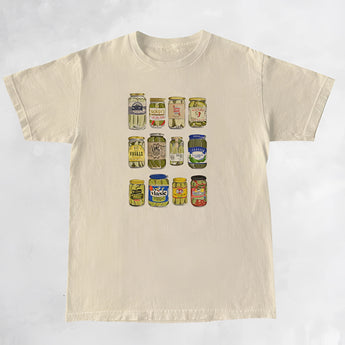 Beige Pickle Jar Graphic Tee in 2XL with quirky pickle jar design and bold font, featuring short sleeves and a casual fit, ideal for snack lovers.