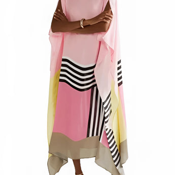 Pink asymmetrical stripe maxi dress with bold multicolor chic design, featuring a one-piece garment style with a stylish collar, sleeve detailing, and a flattering waistline. The dress has a fashionable length that reaches the knees and showcases a vibrant magenta hue.
