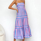 Pink and blue striped maxi dress with spaghetti straps, perfect for summer beach outings, shown in an XL size.