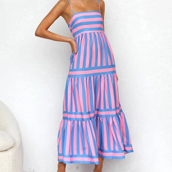 Pink and blue striped maxi dress with spaghetti straps, perfect for summer beach outings, shown in an XL size.