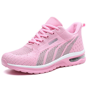 Pink breathable women's running shoes featuring lightweight air cushioning, designed as outdoor sneakers for sportswear and walking, with a vibrant magenta color.