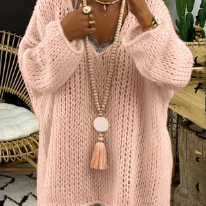 Pink Chunky Knit Oversized Sweater - Cozy Boho Chic Fashion