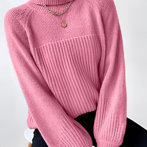 Pink Chunky Ribbed Knit Turtleneck Sweater for Women