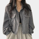 Gray cropped V-neck blouse with puffed sleeves featuring a casual chic style, suitable for outerwear with a focus on the neck and waist.