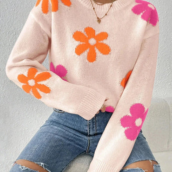 Pink floral lightweight knit sweater with red flower pattern, featuring long sleeves and a comfortable fit in an orange XL size.