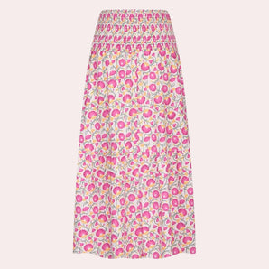 A pink floral pleated midi skirt with a high-waist design in a bohemian summer style, featuring a vibrant magenta hue and floral patterns.
