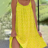 Yellow sleeveless midi dress with floral design, featuring an A-line silhouette and knee-length hem, ideal for resort wear.