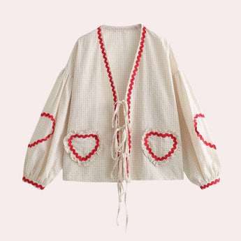 Pink gingham puff sleeve blouse with ruffle trim, featuring a stylish collar, in khaki color, size XL, ideal for spring fashion.