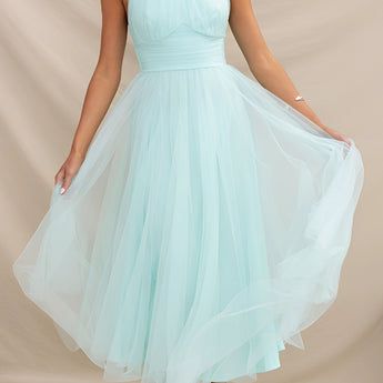 Green halter neck backless tulle dress designed for weddings and summer events, showcasing elegant shoulder and neck details, available in XL size.