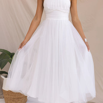 White halter neck backless tulle dress, ideal for weddings and summer events, featuring a flowing one-piece design perfect for bridal parties, available in XL size.