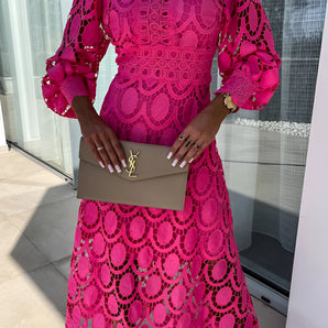 Pink lace midi dress with a high neck and long sleeves, designed for formal wear, shown in a 3XL size.