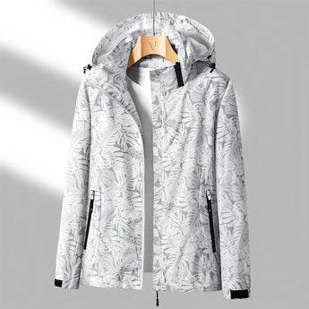 A white 4XL lightweight athletic wear fabric jacket displayed on a clothes hanger, featuring a collar and sleeves, with a focus on moisture-wicking properties.