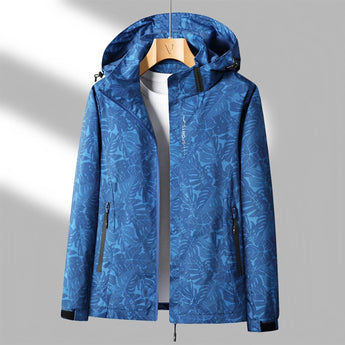Dark blue athletic jacket in size 4XL hanging on a clothes hanger, featuring a lightweight, moisture-wicking fabric with long sleeves and a collar, designed for active wear.