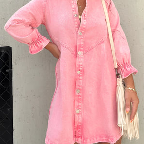Pink linen oversized tunic dress with short sleeves and relaxed fit, suitable for casual summer streetwear.
