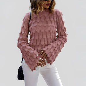 Pink Pom-Pom Knit Sweater with Voluminous Sleeves - Women's Winter Fashion