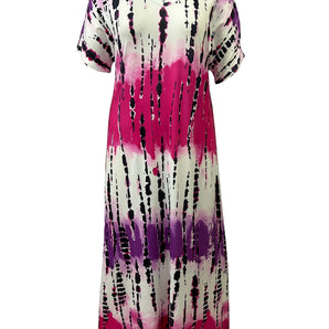 Pink and purple abstract-patterned V-neck knee-length batwing dress with a stylish and flowing design, showcasing a magenta color scheme. The dress features a unique combination of a V-neck collar and batwing sleeves, providing a contemporary fashion look.