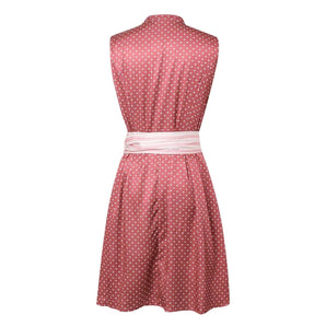 Pink vintage polka dot A-line dress with a retro design, featuring short sleeves, a round neckline, and a fitted waist, ideal for summer wear.