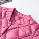 Pink women's diamond pattern lightweight quilted jacket with long sleeves, showcasing a comfortable and stylish design suitable for various occasions.