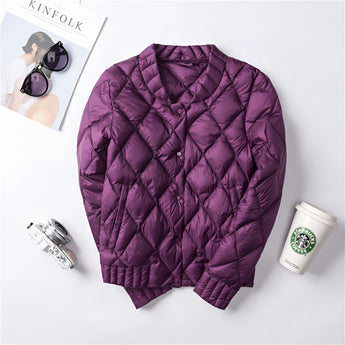 Violet lightweight quilted jacket for women featuring a diamond pattern design, long sleeves, and a comfortable fit in size 3XL.