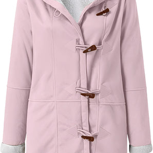 Pink women's hooded winter duffle coat with fur lining, featuring a comfortable and warm textile material, long sleeves, and a cozy grey fur-lined collar.