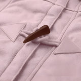 Pink women's hooded winter duffle coat with fur lining, featuring a stylish collar and long sleeves, made from warm and cozy textile material.