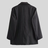 A grey pinstripe double-breasted blazer with a classic double-button design, featuring a notched collar and long sleeves, suitable for business and formal wear.