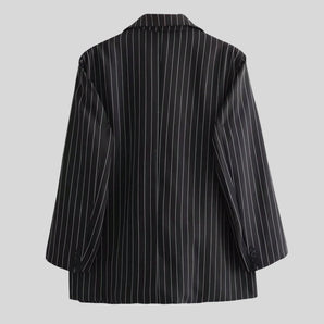 A grey pinstripe double-breasted blazer with a classic double-button design, featuring a notched collar and long sleeves, suitable for business and formal wear.