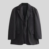 Double-breasted pinstripe blazer in nero color, featuring a classic design with buttons, a dress shirt collar, and long sleeves, suitable for business and formal occasions, available in XL size.