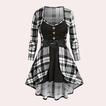 Black and white checkered plaid dress with long sleeves, knee-length, featuring a collar, suitable for daytime wear, size XL.
