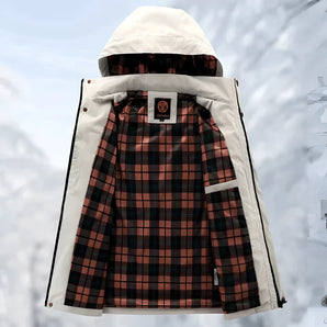 Plaid insulated snowboard jacket in grey with a waterproof design, featuring a detachable hood, long sleeves, and waist-length fit.