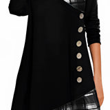 Plaid long-sleeve midi dress featuring a cowl neck and contrasting hem, showcasing black and white plaid pattern with an elegant fit and design suitable for casual and semi-formal occasions.