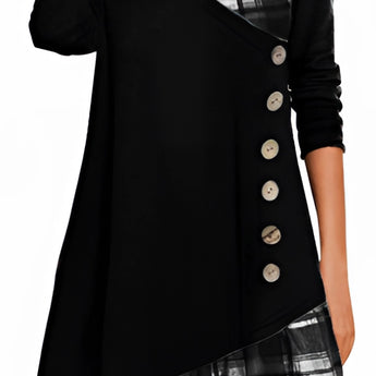 Plaid long-sleeve midi dress featuring a cowl neck and contrasting hem, showcasing black and white plaid pattern with an elegant fit and design suitable for casual and semi-formal occasions.