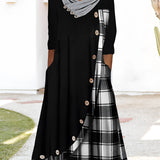 Plaid long-sleeve midi dress featuring a cowl neck and contrast hem, showcasing a blend of black and white patterns with a defined waist.