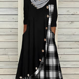 Plaid long-sleeve midi dress featuring a cowl neck and contrast hem, combining black and white plaid pattern with tailored waist for a stylish day dress look.