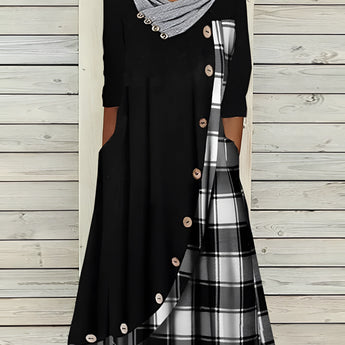 Plaid long-sleeve midi dress featuring a cowl neck and contrast hem, combining black and white plaid pattern with tailored waist for a stylish day dress look.