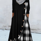 Plaid long-sleeve midi dress with a cowl neck and contrast hem, shown in black color, size 3XL.