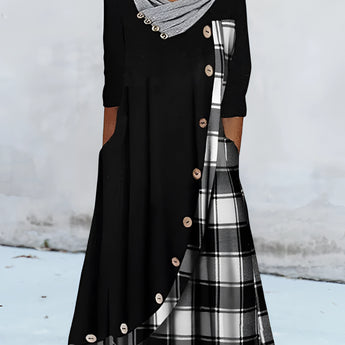 Plaid long-sleeve midi dress with a cowl neck and contrast hem, shown in black color, size 3XL.