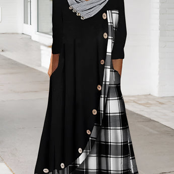 Plaid long-sleeve midi dress featuring a cowl neck, black and white color scheme, and a contrast hem.