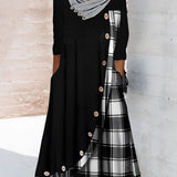 Plaid long-sleeve midi dress featuring a cowl neck, contrast hem, and checkered pattern in black and white.