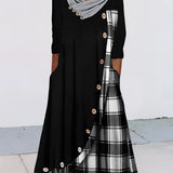 Plaid long-sleeve midi dress featuring a cowl neck and contrast hem, showcasing elements of outerwear with attention to shoulder and waist design, suitable for daytime fashion.