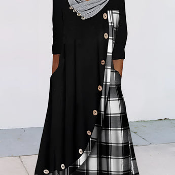 Plaid long-sleeve midi dress featuring a cowl neck and contrast hem, showcasing elements of outerwear with attention to shoulder and waist design, suitable for daytime fashion.