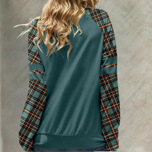 Plaid patchwork women's long sleeve top featuring a fall fashion tartan design with a mix of grey and aqua colors. The blouse includes a collared neckline and is styled as a dress shirt with a casual, comfortable fit.